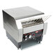 A silver and black Hatco TQ-400 Toast Qwik conveyor toaster with a metal rack on top.