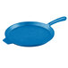 A blue Tablecraft cast aluminum pizza tray with a handle.