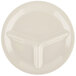 A white GET Diamond Ivory melamine plate with three compartments and a triangle pattern.