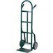 A green Harper steel hand truck with wheels and dual pin handles.