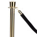 A black rope with brass ends attached to a gold stanchion pole.
