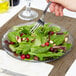 A hand holding a Carlisle Petal Mist clear plastic plate with a fork over a salad