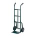 A black metal Harper dual handle hand truck with green details and black wheels.