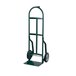 A green Harper steel hand truck with black handles and solid rubber wheels.