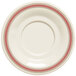 A close-up of a white GET Diamond Oxford melamine saucer with red stripes.