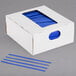 A white box of Bedford Industries Inc. blue laminated twist ties with blue strips.