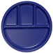 A blue round melamine plate with four compartments.