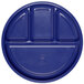 A blue melamine round dish with four compartments.