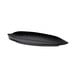 A black melamine platter with a leaf pattern on a curved edge.