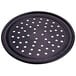 An American Metalcraft hard coat anodized aluminum pizza pan with a wide rim and holes in the bottom.