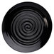 A black Elite Global Solutions melamine plate with a spiral pattern.