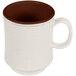A white plastic coffee mug with a brown rim.