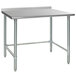 A stainless steel Eagle Group work table with an open base and backsplash on metal legs.