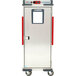 A silver rectangular Metro C5 heated holding cabinet with red handles on the door.