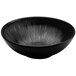 A black melamine bowl with a curved spiral design.