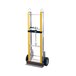 A yellow and silver Harper aluminum hand truck with wheels and a ratchet handle.