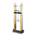 A yellow and silver Harper aluminum hand truck with 8" rubber wheels and a ratchet.