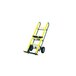 A yellow and green Harper hand truck with wheels.