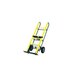 A yellow hand truck with green wheels.