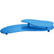 A sky blue cast aluminum two tiered platter on a blue table with a white background.