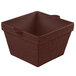 A maroon square cast aluminum container with a handle.