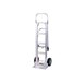 A silver metal Harper hand truck with a continuous handle and rubber wheels.