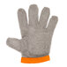 A Victorinox stainless steel mesh glove with an orange band.