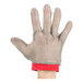 A hand wearing a red chain mesh glove.