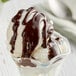 A glass cup with a scoop of DaVinci Gourmet Sugar Free Chocolate Sauce on ice cream.