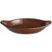 A brown Tuxton oval bowl with handles.
