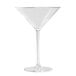 A clear plastic martini glass with a long stem.