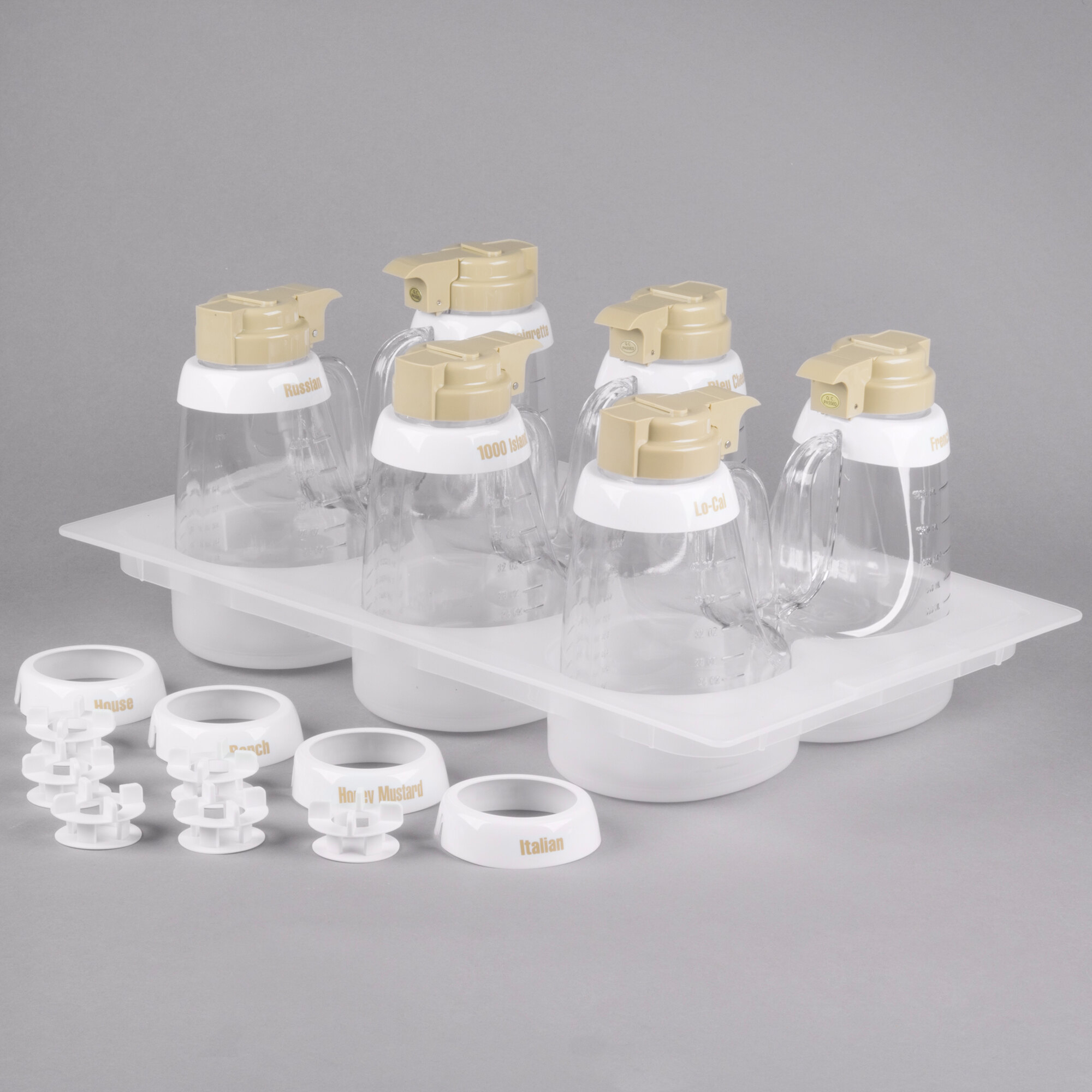 Tablecraft 484 48 oz. Beige ABS Top Clear Salad Dressing Dispenser Set