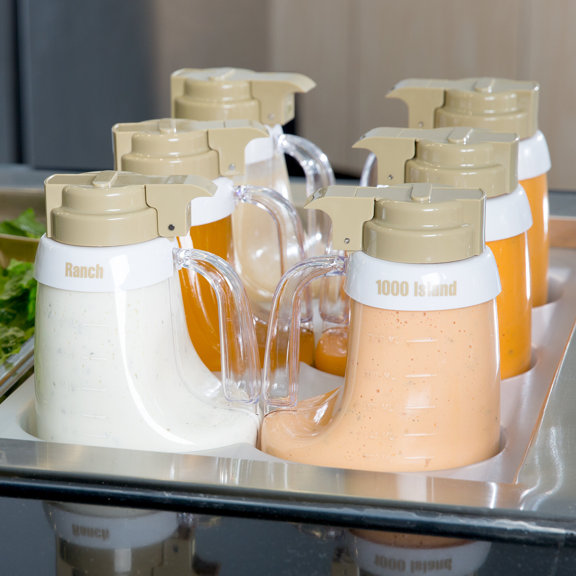 Tablecraft 484 48 oz. Beige ABS Top Clear Salad Dressing Dispenser Set