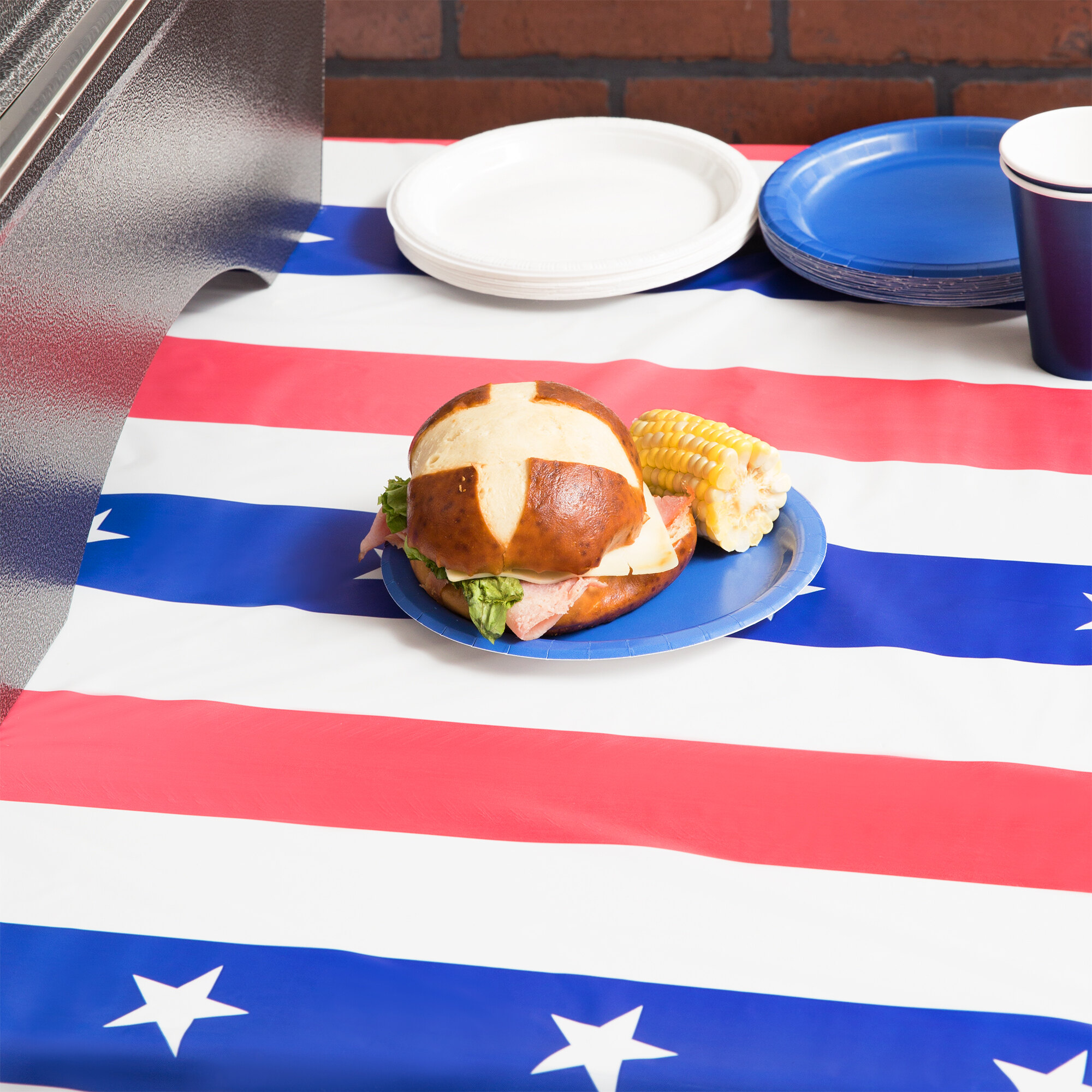 Atlantis Plastics 2TCSSI300 300' Stars and Stripes Plastic Table Cover