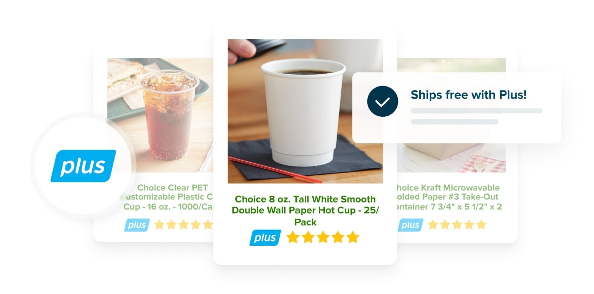 Image of 3 Plus eligible products like cups on WebstaurantStore