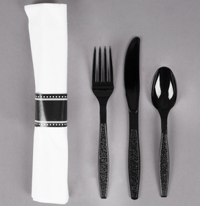 Visions 18 x 15 1/2 Pre-Rolled Linen-Feel White Napkin and Classic Heavy  Weight Gold Plastic Cutlery Set - 100/Case