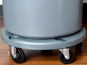 Janitorial Gray Plastic Trash Can Round Drum Dolly with 5 Casters 