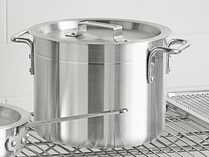 Choice 10-Piece Aluminum Cookware Set with 2 Sauce Pans, 3.75 Qt. Sauté Pan  with Cover, 8 Qt. Stock Pot with Cover, 2 Fry Pans, and 13 x 18 Bun Pan  with Cooling Rack