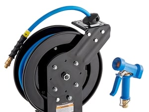 Regency Open Powder-Coated Steel Hose Reel with 50' Hose and Heavy-Duty  Front Trigger Water Gun