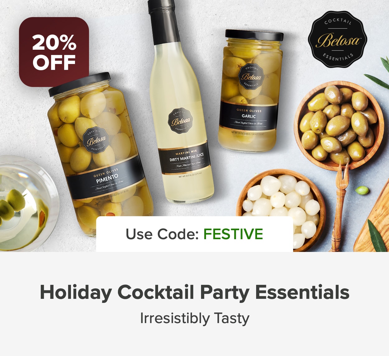 Equip Your Restaurant or Bar with 20% OFF Holiday Cocktail Essentials like Olives, Martini Juice, & More
