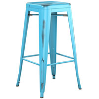 Lancaster Table & Seating Alloy Series Distressed Arctic Blue Stackable Metal Indoor / Outdoor Industrial Barstool with Drain Hole Seat