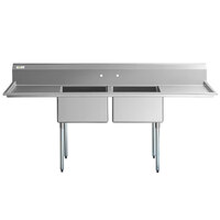 Regency 96 inch 16 Gauge Stainless Steel Two Compartment Sink with Galvanized Steel Legs and 2 Drainboards - 23 inch x 23 inch x 12 inch Bowls