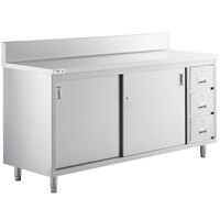 Regency 24 inch x 72 inch 16 Gauge Type 304 Stainless Steel Enclosed Base Sliding Door Table with Drawers and 6 inch Backsplash
