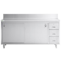 Regency 24 inch x 72 inch 16 Gauge Type 304 Stainless Steel Enclosed Base Sliding Door Table with Drawers and 6 inch Backsplash