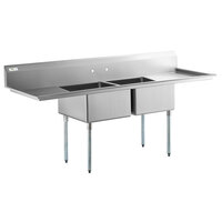 Regency 96" 16 Gauge Stainless Steel Two Compartment Sink with Galvanized Steel Legs and 2 Drainboards - 23" x 23" x 12" Bowls