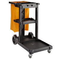 Lavex Janitorial Black Cleaning Cart / Janitor Cart with 3 Shelves, Large Bottom Shelf, and Yellow Vinyl Bag
