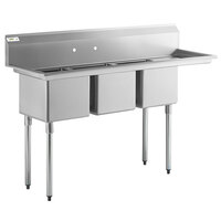 Regency 66 1/2" 16-Gauge Stainless Steel Three Compartment Commercial Sink with Galvanized Steel Legs and 1 Drainboard - 15" x 15" x 12" Bowls - Right Drainboard