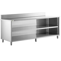 Regency 24 inch x 96 inch 16 Gauge Type 304 Stainless Steel Enclosed Base Open Front Table with Adjustable Midshelf and 6 inch Backsplash