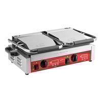 Avantco PG400T Commercial Dual Panini Sandwich Grill with Timer, Grooved Plates, and 19 5/8" x 9 1/8" Cooking Surface - 120V, 3500W