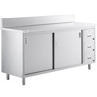 Regency 24" x 72" 16 Gauge Type 304 Stainless Steel Enclosed Base Sliding Door Table with Drawers and 6" Backsplash